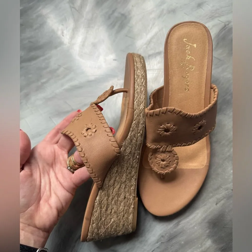NEW JACK ROGERS Tan High Heel Wedge Espadrille Thong Sandals 8.5